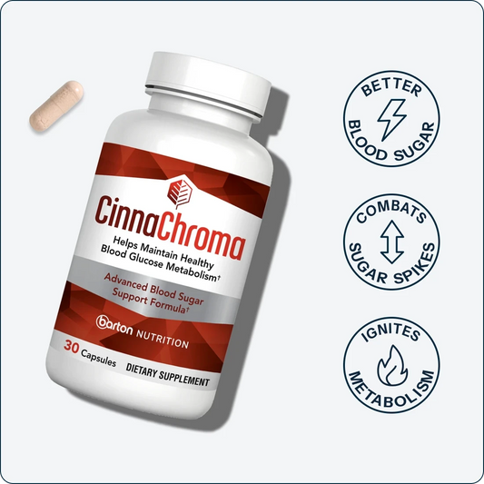 CinnaChroma supplement bottle by Barton Nutrition displayed at an angle showing the label with product name and key benefits for blood sugar support