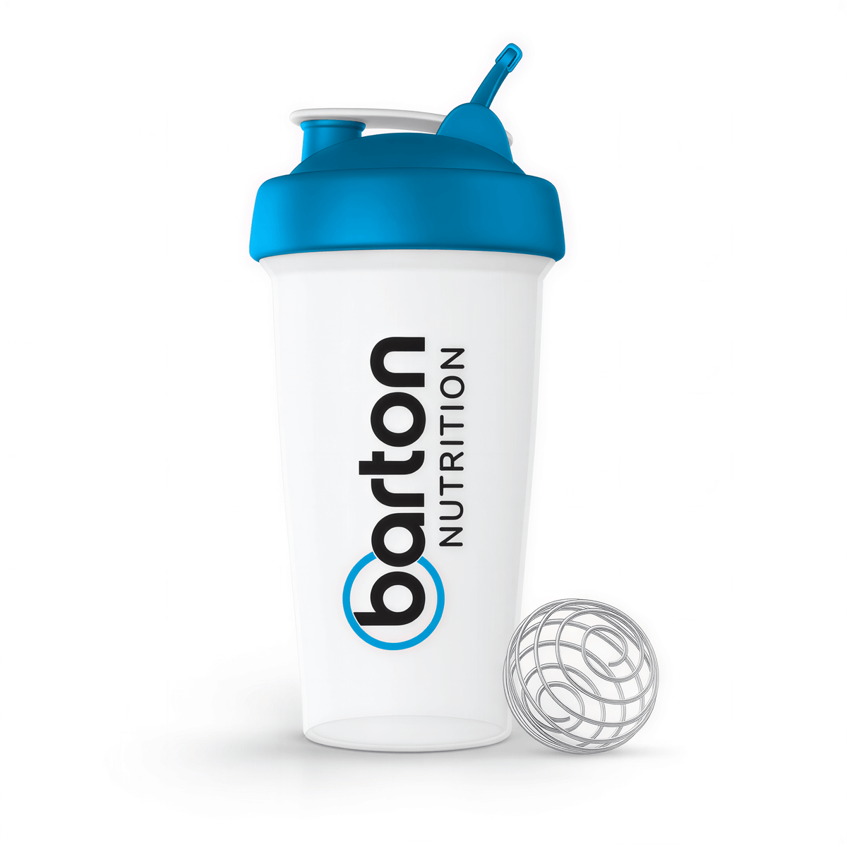 Barton Nutrition 20 oz shaker bottle with secure flip-top lid and metal whisk ball for mixing Fiber Greens and other powdered supplements, white bottle with Barton Nutrition branding