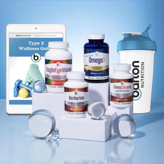 EagleEye Vision, Omega3, Berberine and CinnaChroma and a shaker bottle on a blue background with wellness guide.