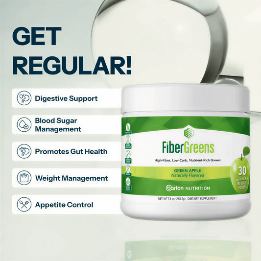 Fiber Greens supplement by Barton Nutrition lifestyle image with headline Get Regular, showing container alongside key benefits for digestive support, blood sugar management, and gut health