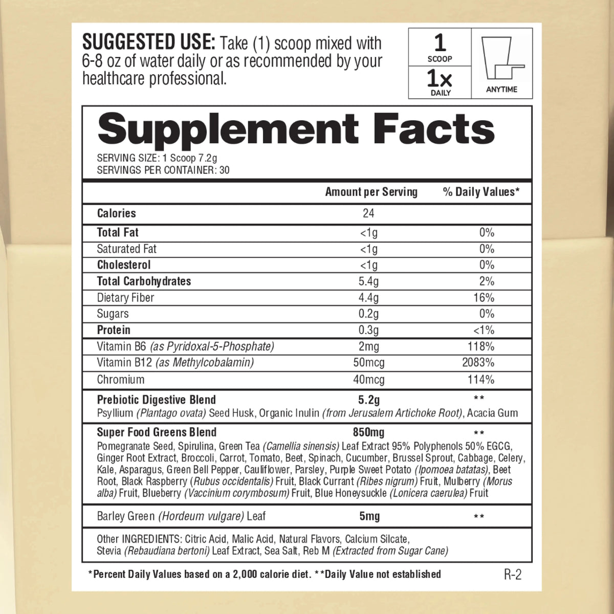 Fiber Greens supplement facts panel showing full ingredient list and dosages including superfoods greens blend, prebiotic digestive blend with Jerusalem artichoke root and psyllium husk, and chromium