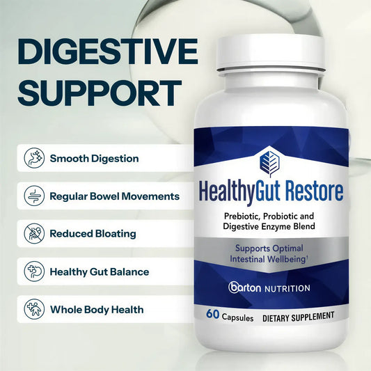 HealthyGut Restore supplement by Barton Nutrition lifestyle image with headline Digestive Support, showing bottle alongside key benefits for smooth digestion, reduced bloating, and healthy gut balance