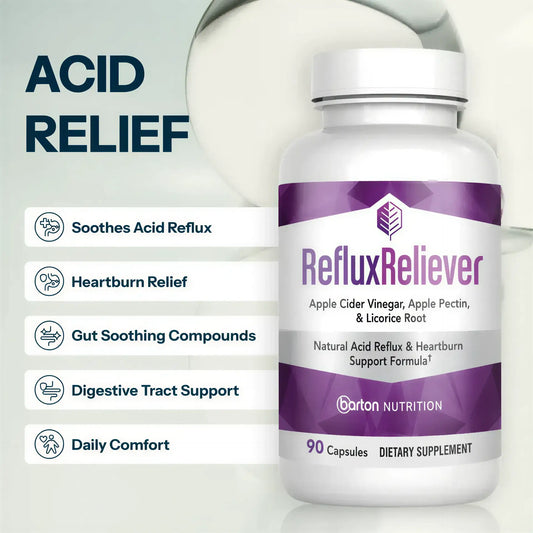 RefluxReliever supplement by Barton Nutrition lifestyle image with headline Acid Relief, showing bottle alongside key benefits for soothing acid reflux, calming heartburn, and supporting digestive tract health