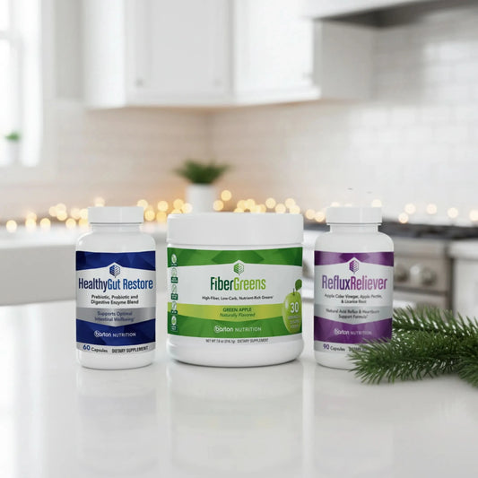 Three supplement bottles labeled 'HealthyGut Restore', 'FiberGreens', and 'RefluxReliever' on a kitchen counter.