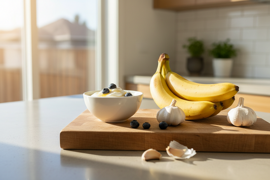 Bowl of yogurt with blueberries beside bananas and garlic bulbs on a wooden board in a sunlit kitchen, illustrating the difference between probiotics, prebiotics and postbiotics