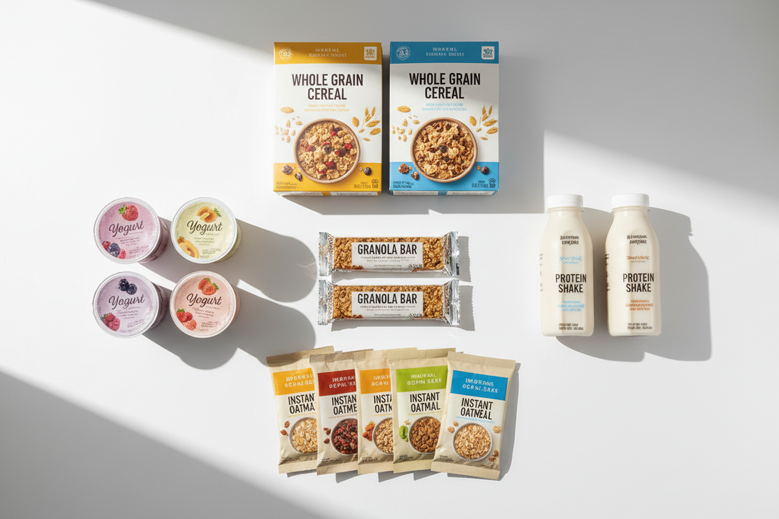 Overhead view of ultra-processed packaged foods including boxed cereal, flavored yogurt cups, granola bars, protein shakes and instant oatmeal packets, illustrating their effect on blood sugar