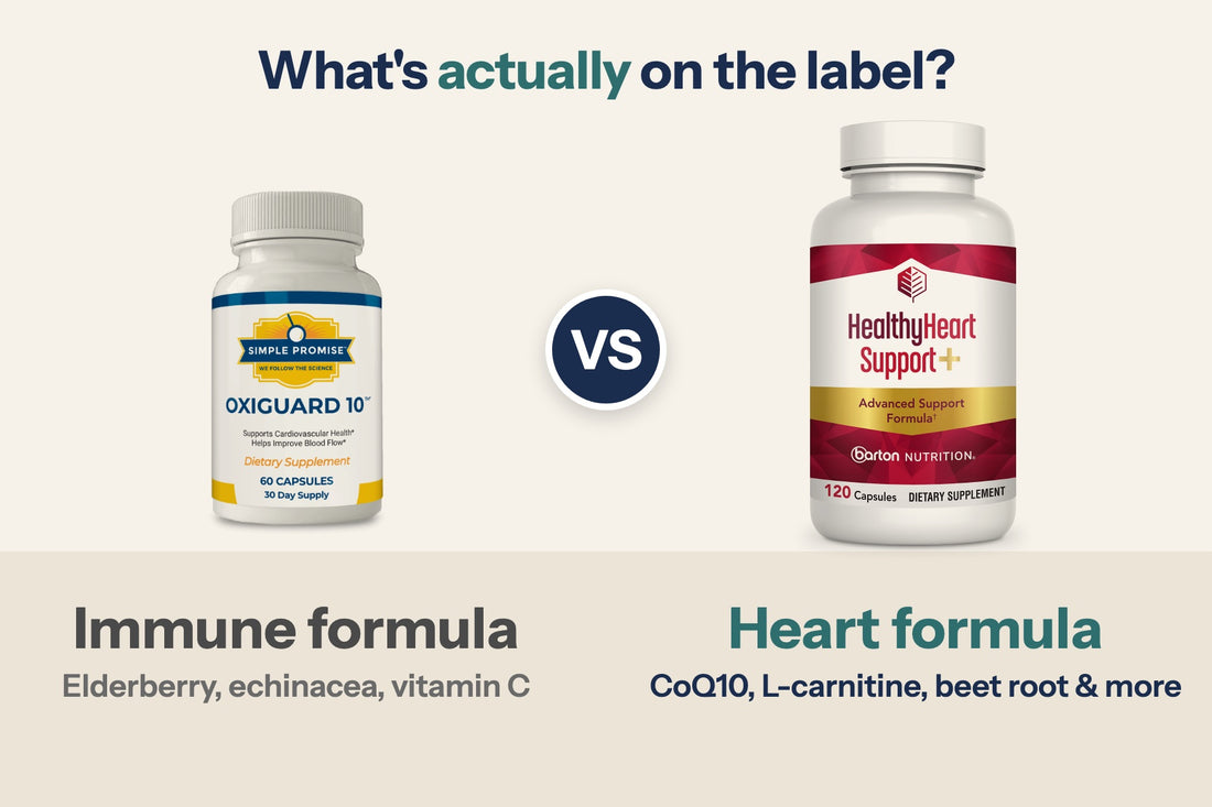 OxiGuard 10 bottle next to a HealthyHeart Support+ bottle: OxiGuard 10 is an immune formula with elderberry, echinacea and vitamin C; HealthyHeart Support+ is a heart formula with CoQ10, L-carnitine, beet root and more