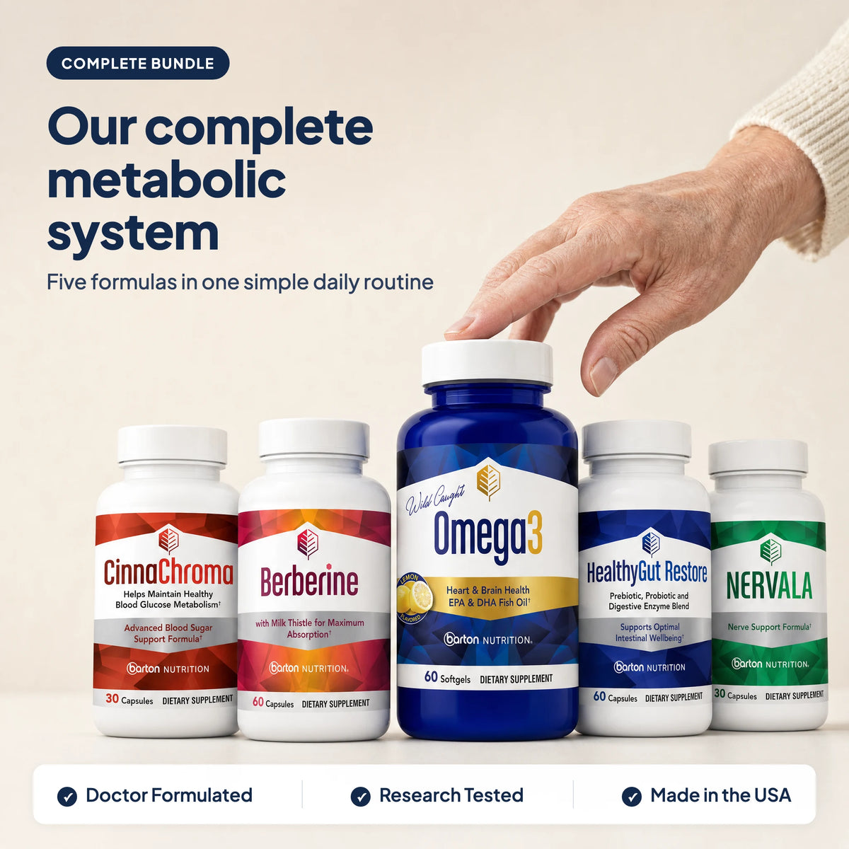Metabolic Vitality Bundle: CinnaChroma, Berberine, Omega3, HealthyGut Restore, and Nervala, our complete metabolic system in one daily routine