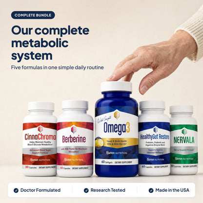 Metabolic Vitality Bundle: CinnaChroma, Berberine, Omega3, HealthyGut Restore, and Nervala, our complete metabolic system in one daily routine