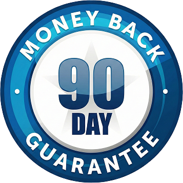 Money Back 90 Day Guarantee logo with blue and white colors on a white background