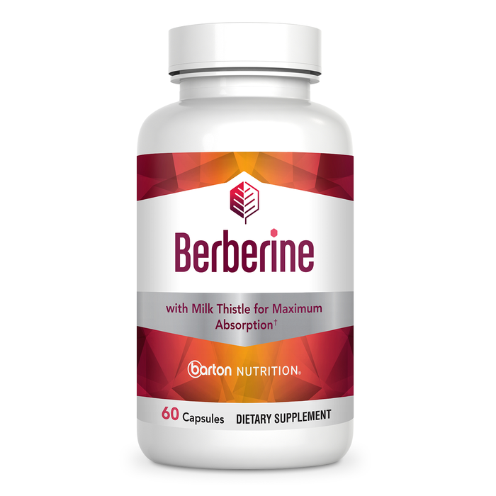 Berberine metabolic health supplement by Barton Nutrition - single bottle front view, 60 capsules, doctor-formulated 800mg berberine extract with milk thistle for maximum absorption