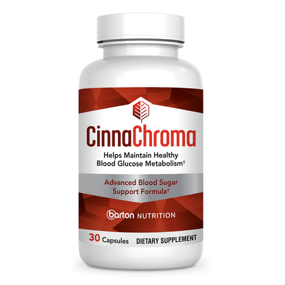 CinnaChroma blood sugar support supplement by Barton Nutrition - single bottle front view, 30 capsules, doctor-formulated 6-in-1 formula with cinnamon bark extract, chromium, vanadium, vitamin D3, K2, and selenium
