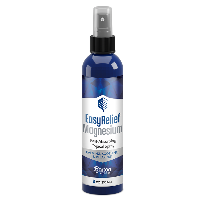 EasyRelief Magnesium topical spray by Barton Nutrition - single 8oz bottle front view, doctor-formulated Dead Sea magnesium chloride spray for blood sugar support, muscle comfort, relaxation, and deep sleep