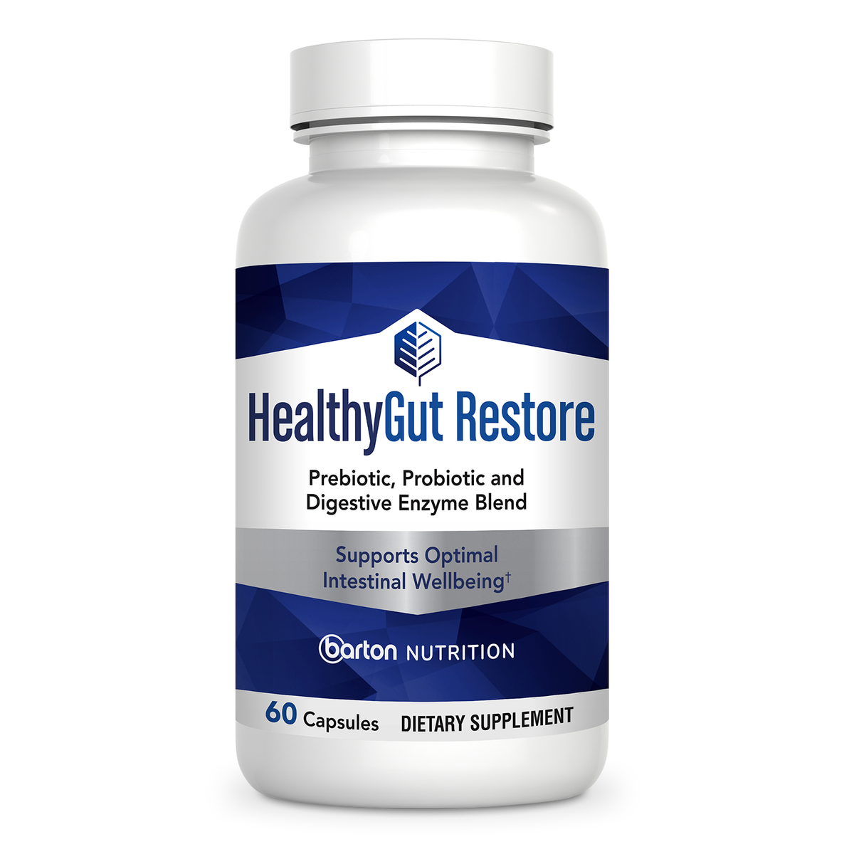 HealthyGut Restore by Barton Nutrition, single bottle front view of the prebiotic, probiotic and digestive enzyme blend, 60 capsules, doctor-formulated to support optimal intestinal wellbeing