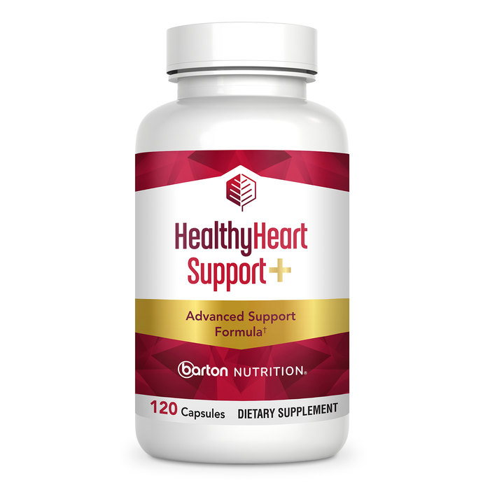 HealthyHeart Support+ cardiovascular health supplement by Barton Nutrition - single bottle front view, 120 capsules, doctor-formulated 6-in-1 formula with ashwagandha, olive leaf extract, magnesium glycinate, L-carnitine, CoQ10, and beet root