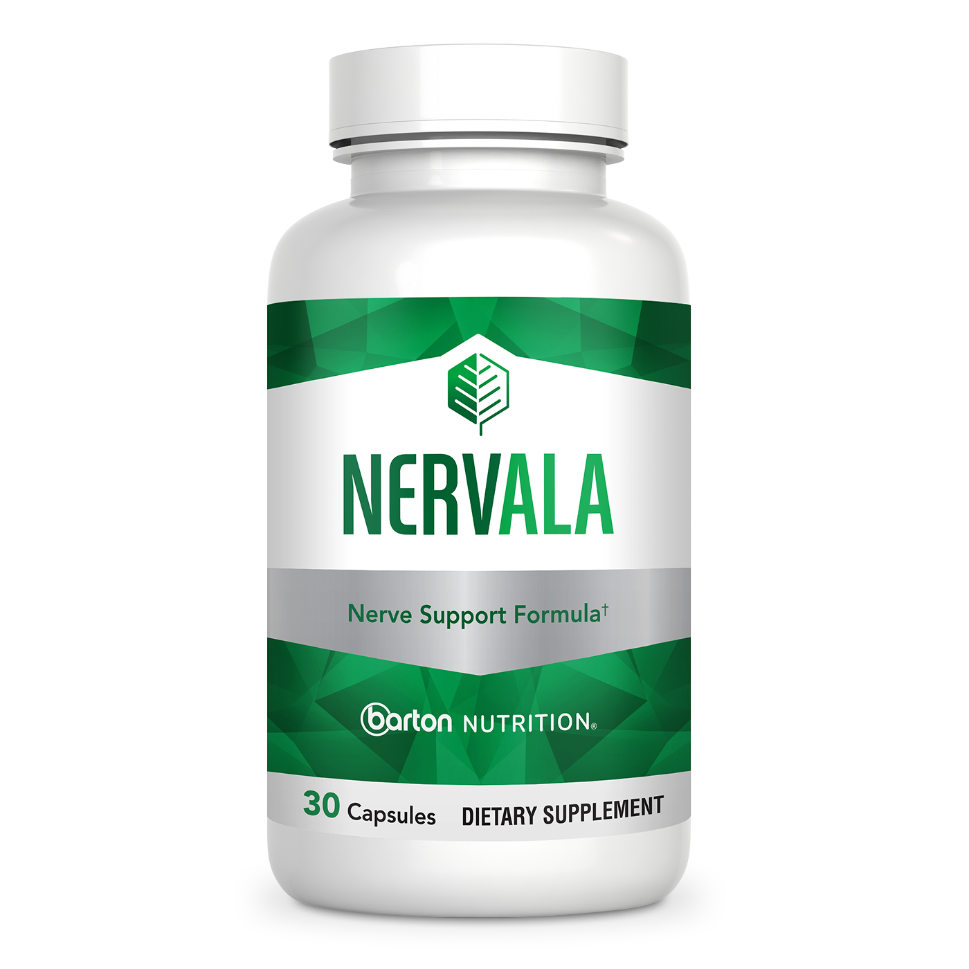 Nervala nerve health support supplement by Barton Nutrition - single bottle front view, 30 capsules, doctor-formulated with alpha lipoic acid and benfotiamine for healthy nerve function and comfortable movement