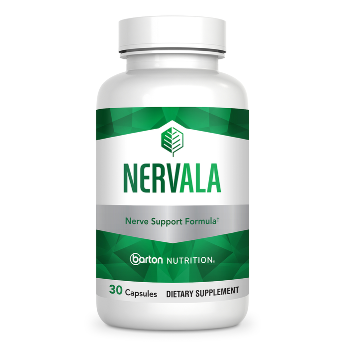 Nervala nerve health support supplement by Barton Nutrition - single bottle front view, 30 capsules, doctor-formulated with alpha lipoic acid and benfotiamine for healthy nerve function and comfortable movement