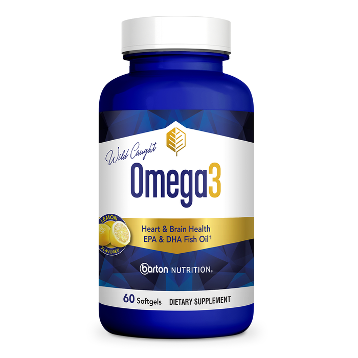 Omega3 total health support supplement by Barton Nutrition - single bottle front view, 60 softgels, doctor-formulated 1200mg wild-caught fish oil and krill oil with EPA and DHA, lemon essence for no fishy aftertaste