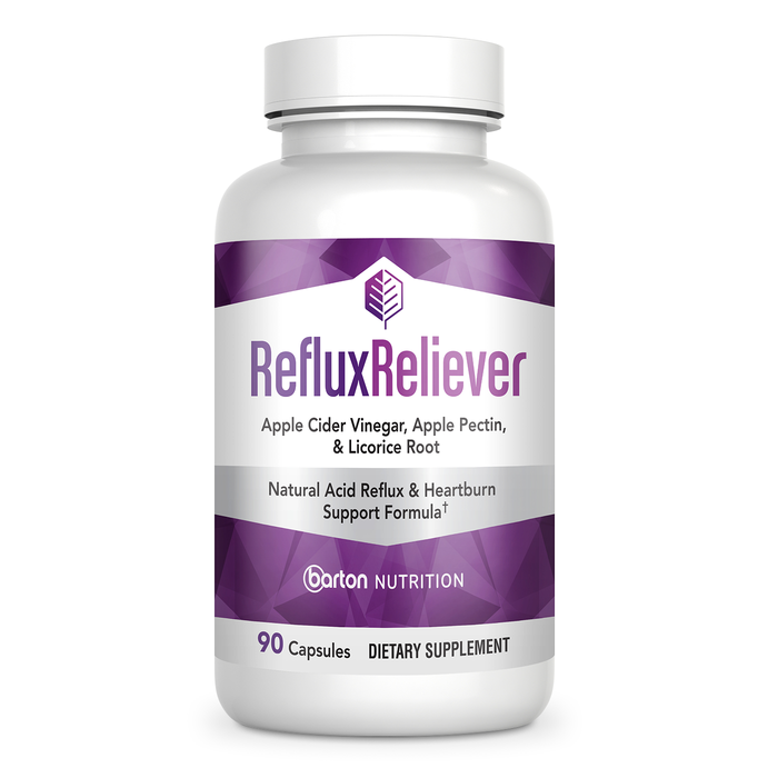 RefluxReliever acid reflux and heartburn support supplement by Barton Nutrition - single bottle front view, 90 capsules, doctor-formulated with apple cider vinegar extract, apple pectin, licorice root extract, and honey extract