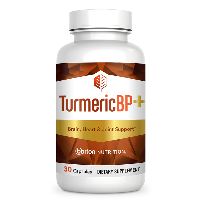 TurmericBP+ inflammation and antioxidant support supplement by Barton Nutrition - single bottle front view, 30 capsules, doctor-formulated turmeric root extract with BioPerine black pepper for 2000% enhanced absorption