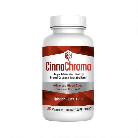 CinnaChroma dietary supplement bottle with 30 capsules, featuring a white and red label and a twist-off cap.