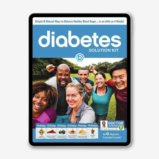 Diabetes Solution Kit by Barton Publishing shown as a digital edition on a tablet, headlined simple and natural ways to balance healthy blood sugar in as little as 4 weeks, doctor approved by Dr. Scott Saunders MD, all 6 reports included