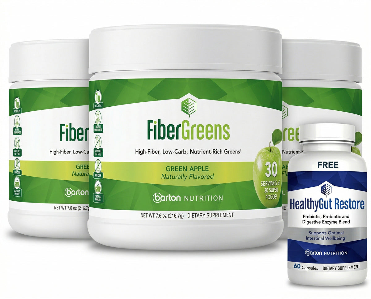 FiberGreens supplement containers with a bottle of HealthyGut Restore on a white background