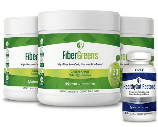 FiberGreens supplement containers with a bottle of HealthyGut Restore on a white background
