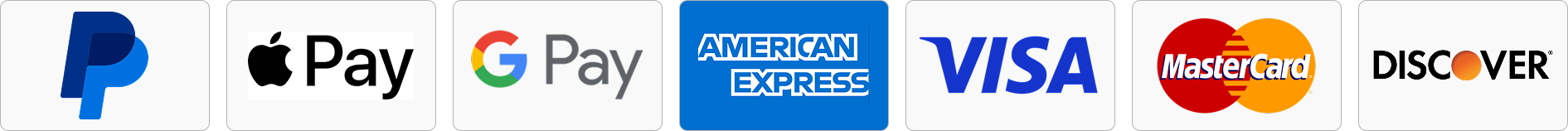 Accepted payment methods: PayPal, Apple Pay, Google Pay, American Express, Visa, Mastercard and Discover