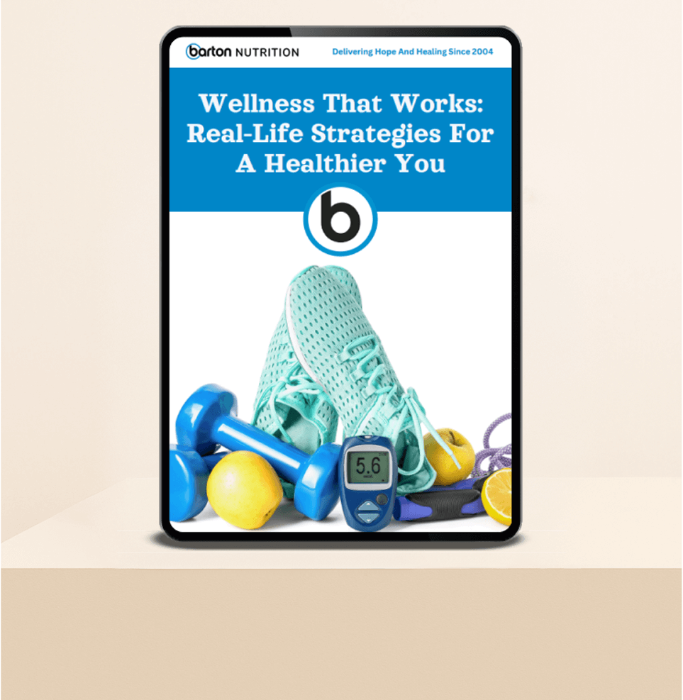 Digital book cover titled 'Wellness That Works: Real-Life Strategies For A Healthier You' by Barton Nutrition