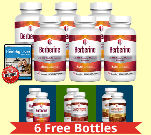 Berberine bundle featuring six bottles of Berberine plus six free bonus bottles, including Berberine, CinnaChroma, and TurmericBP+, along with the Healthy Liver Solution Kit.