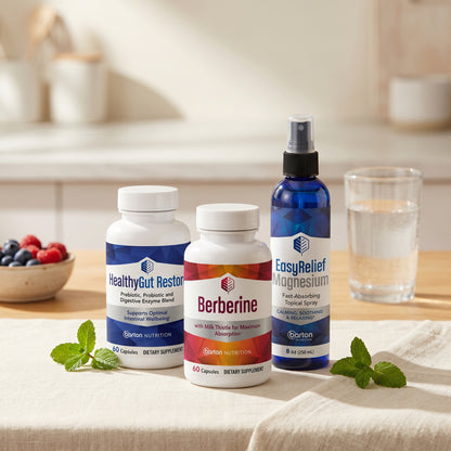 Three Barton Nutrition supplement bottles — HealthyGut Restore, Berberine, and EasyRelief Magnesium — arranged on a wooden kitchen counter with fresh berries and mint, the Foundation Trio bundle for daily wellness support.
