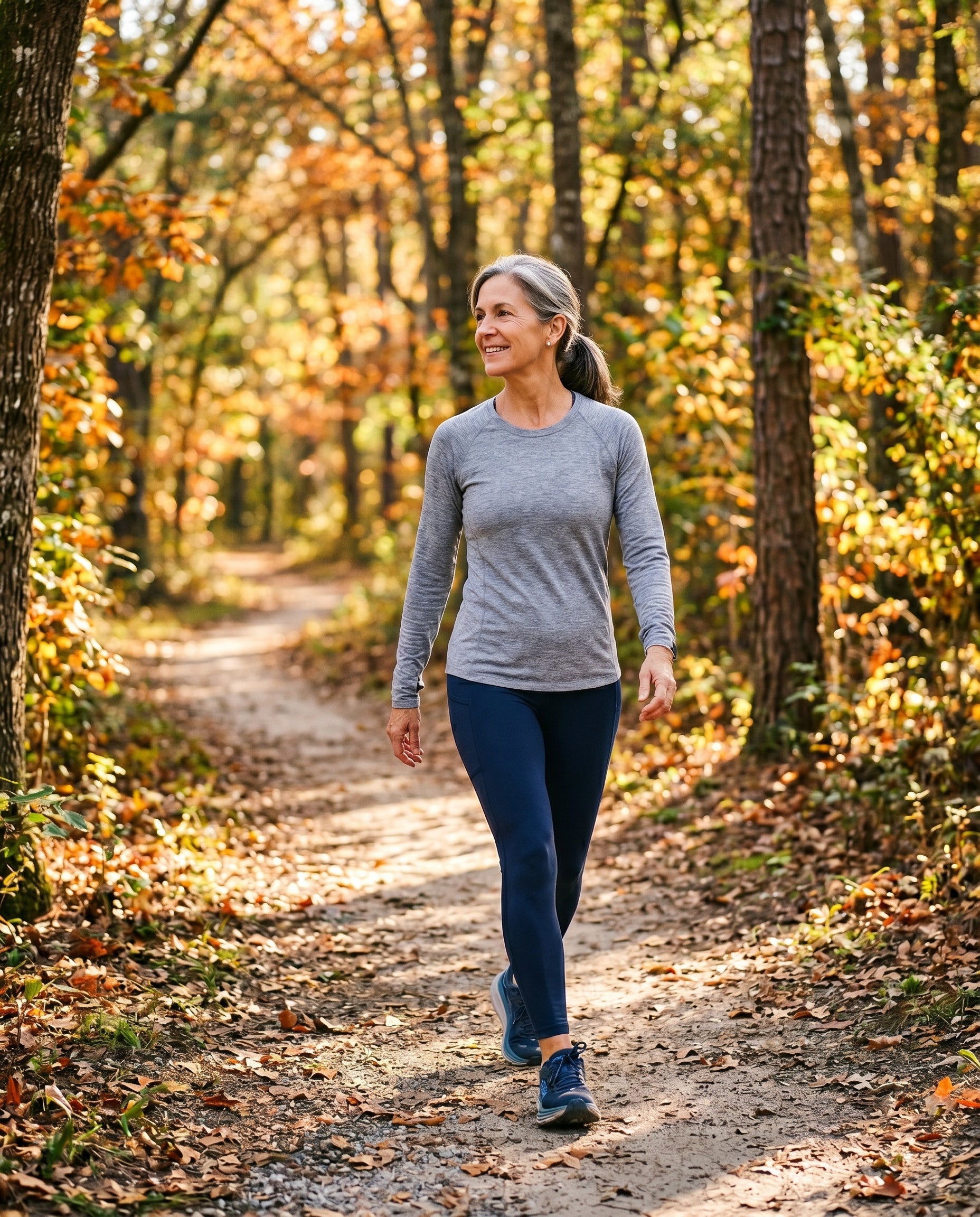 Woman in her 50s walking briskly through a sunlit autumn park trail in athletic wear, smiling with ease and energy.