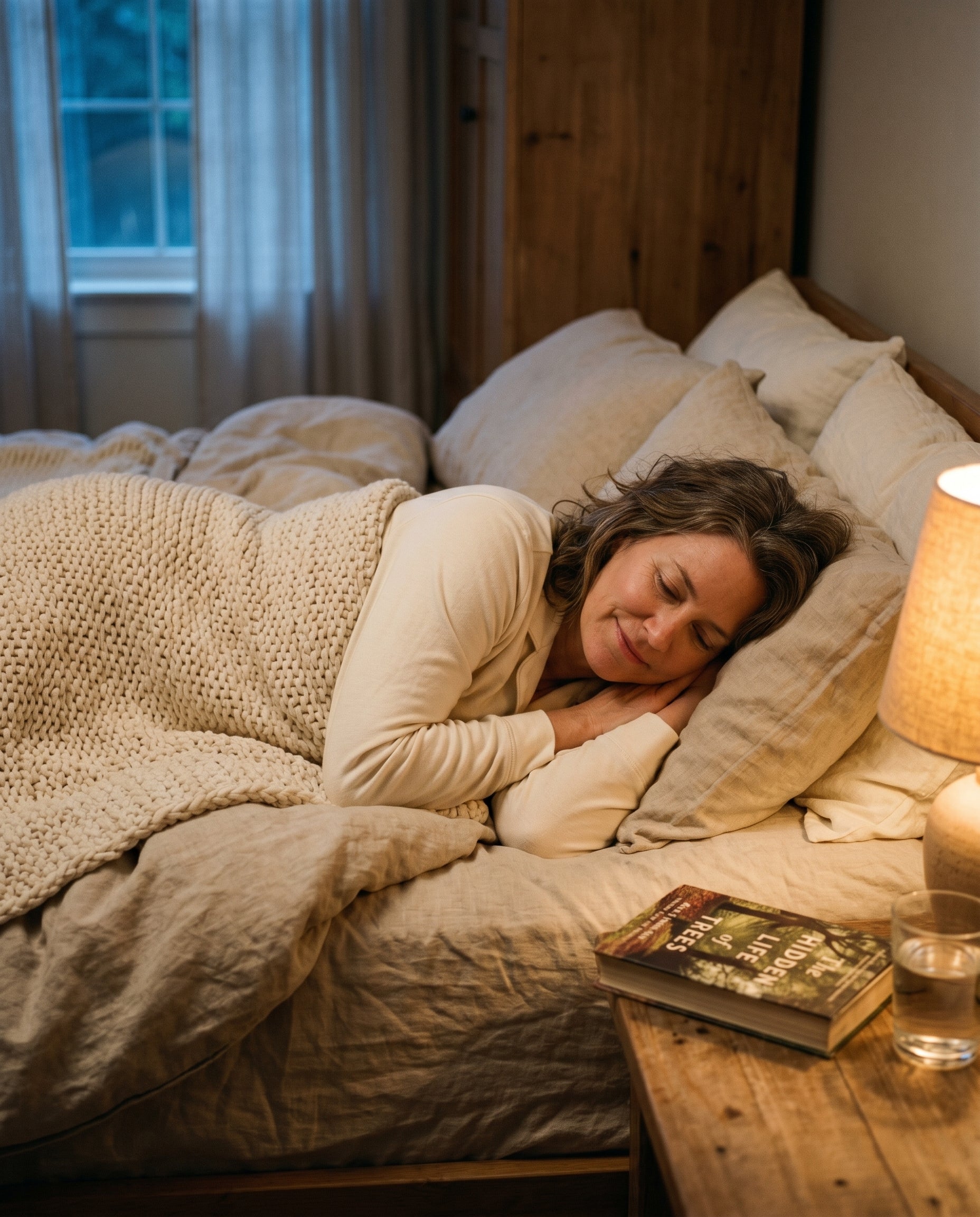 Woman in her 50s settled into bed in cream pajamas under a chunky knit blanket, warm bedside lamp glowing, peaceful and ready for sleep.