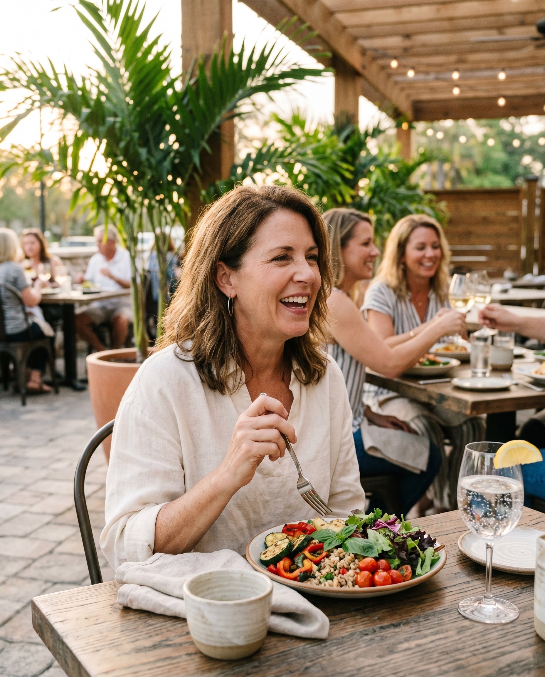 Woman in her 50s laughing while enjoying a meal with friends at an outdoor restaurant patio, fresh grain bowl with vegetables on the table — relaxed and present after dinner.