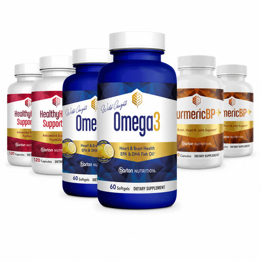 Gift for the Heart Stack: two each of HealthyHeart Support+, Omega3 and TurmericBP+ #pdp-hide