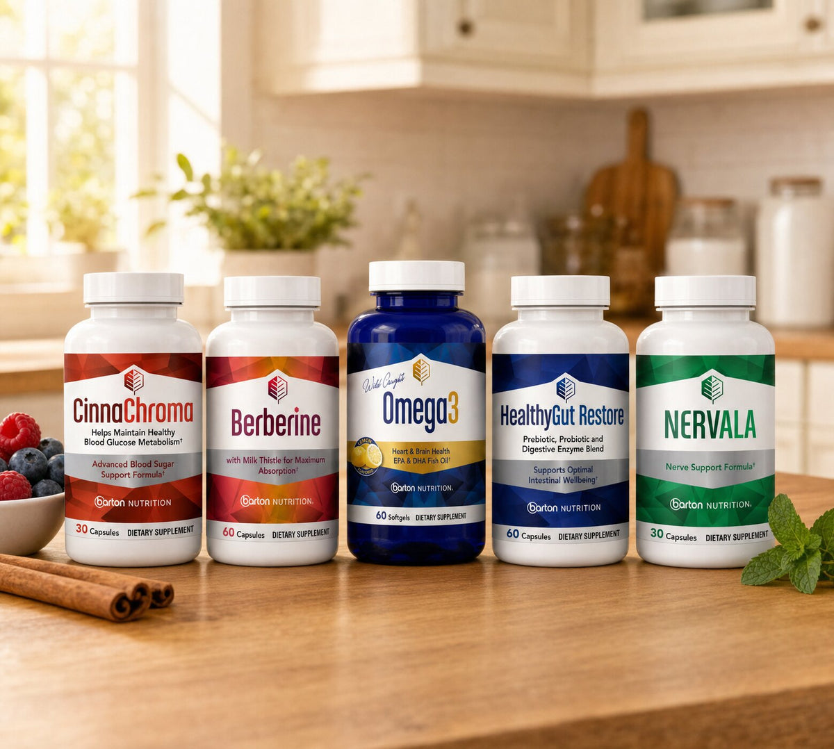 CinnaChroma, Berberine, Omega3, HealthyGut Restore and Nervala bottles in a row on a wooden kitchen counter with cinnamon sticks and berries
