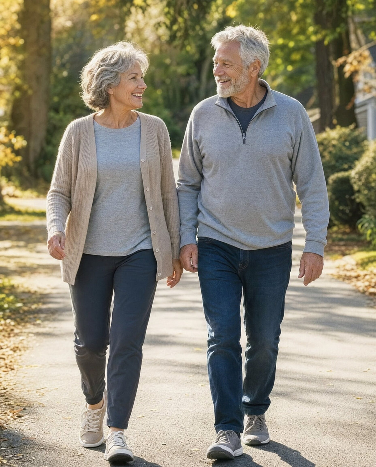 Smiling couple in their seventies taking a morning walk together on a tree-lined path