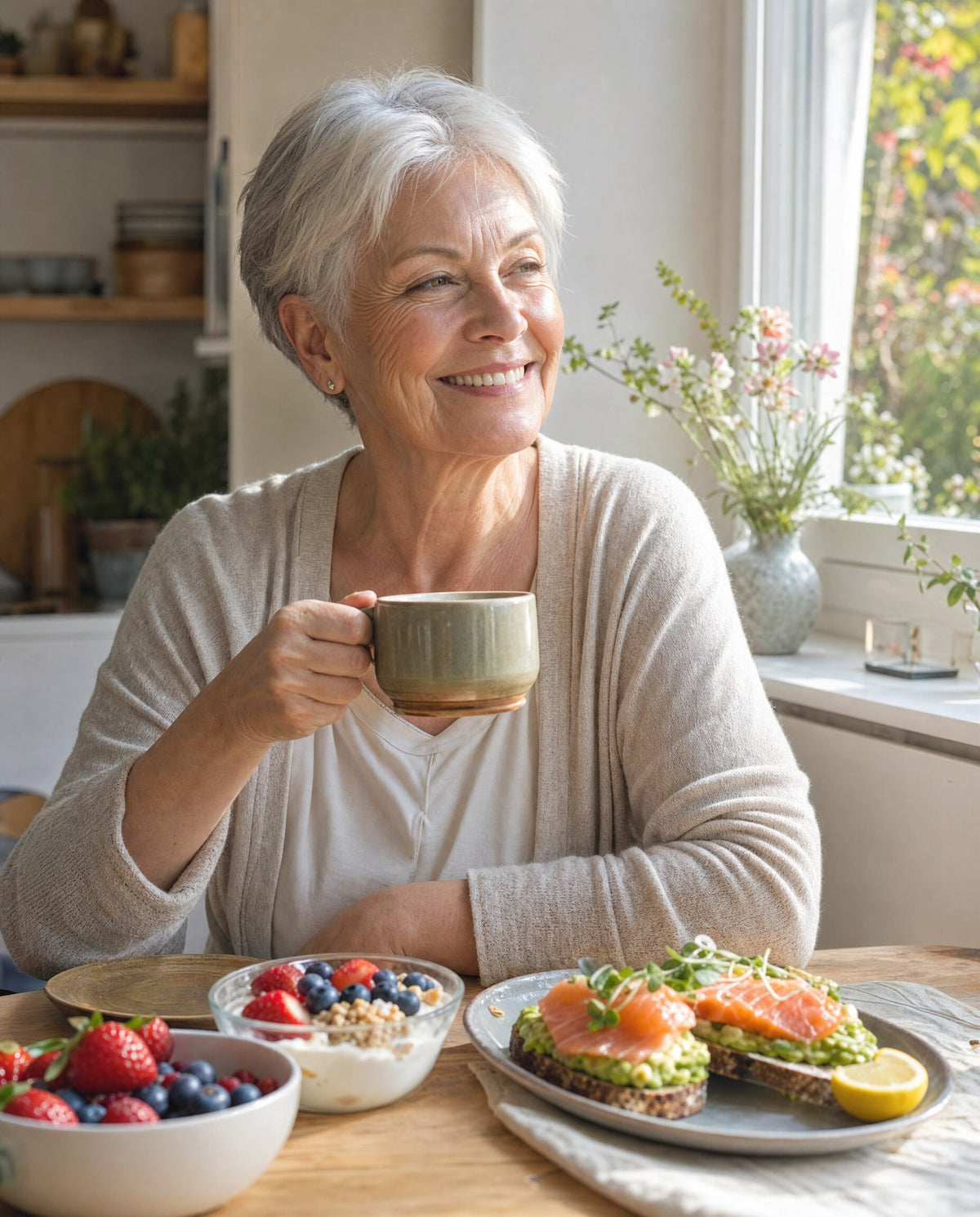 Smiling woman around seventy enjoying a breakfast of salmon toast, berries and yogurt at a sunny kitchen table