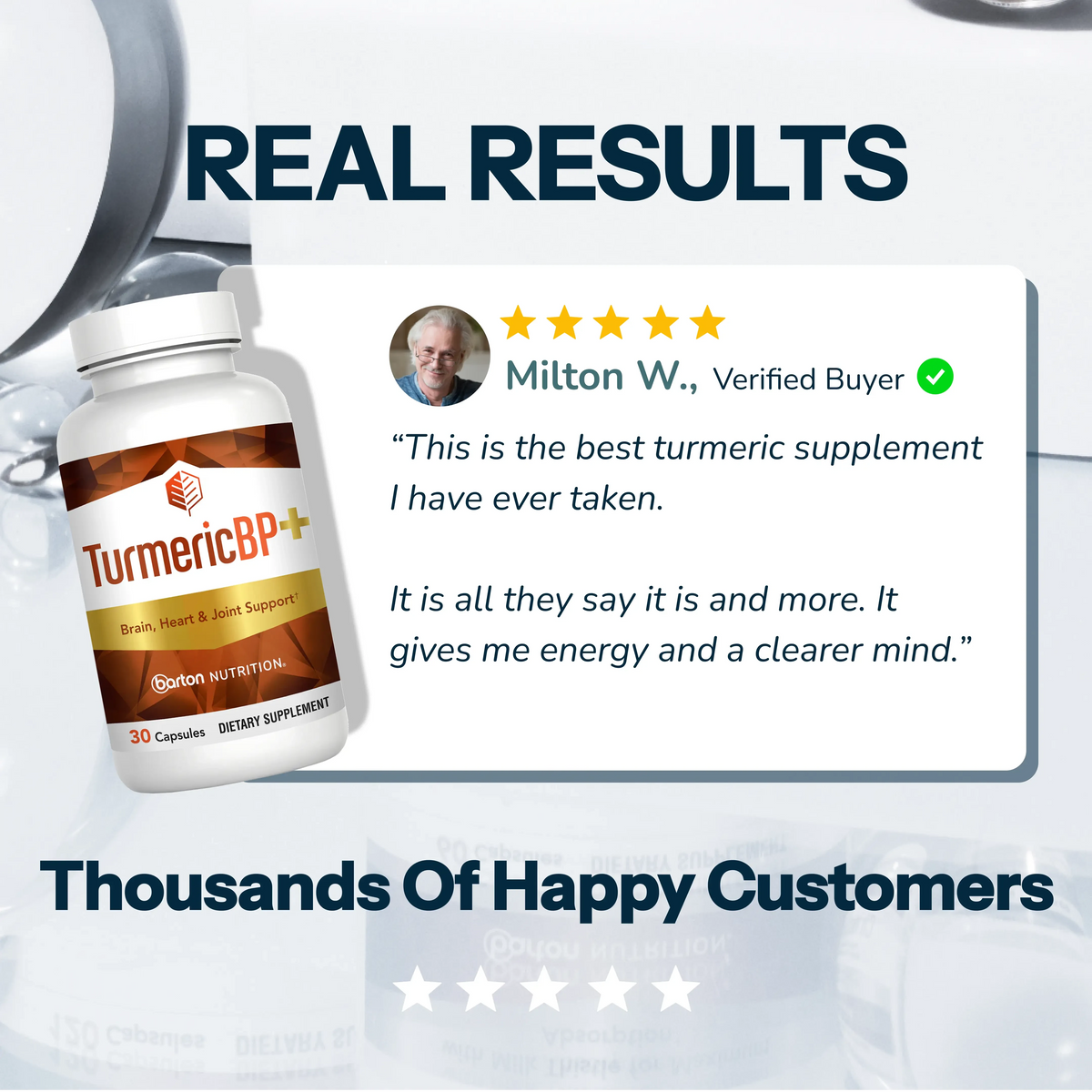 TurmericBP+ by Barton Nutrition real results graphic featuring customer testimonials and satisfaction statistics from thousands of happy customers