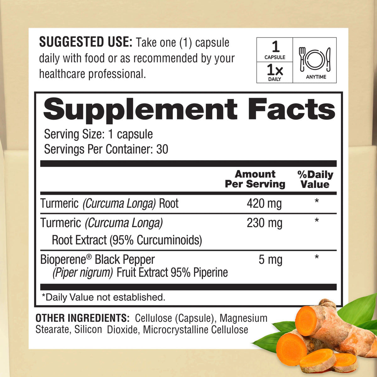 TurmericBP+ supplement facts panel showing full ingredient list and dosages including turmeric root extract curcuminoids and BioPerine patented black pepper extract
