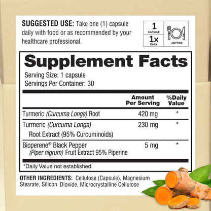 TurmericBP+ supplement facts panel showing full ingredient list and dosages including turmeric root extract curcuminoids and BioPerine patented black pepper extract
