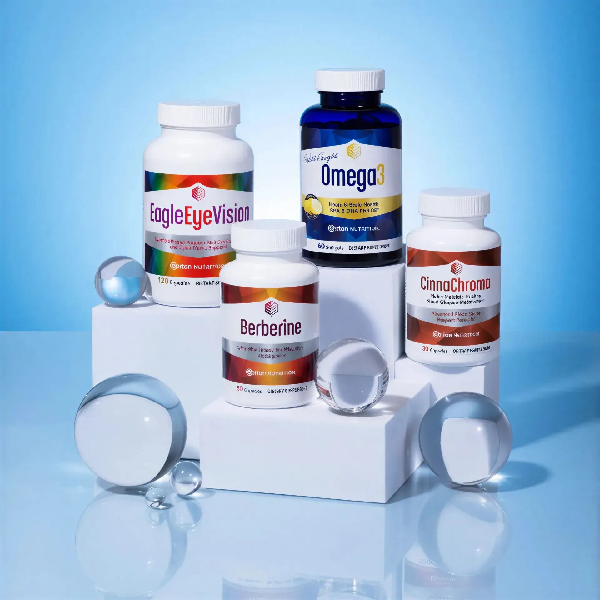 Better Blood Sugar Stack featuring Berberine, CinnaChroma, Omega 3, and Eagle Eye Vision on a light blue background.