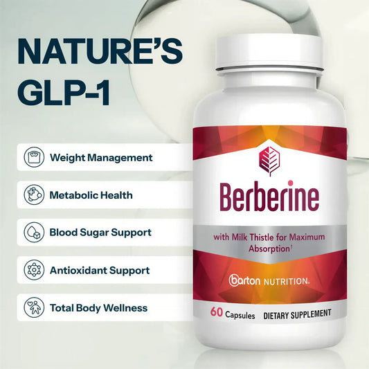 Berberine supplement by Barton Nutrition lifestyle image with headline Nature's GLP-1, showing bottle alongside key benefits for weight management, blood sugar support, and insulin sensitivity