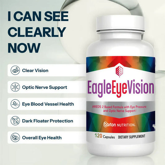 EagleEye Vision supplement by Barton Nutrition lifestyle image with headline I Can See Clearly Now, showing bottle alongside key benefits for optic nerve support and eye health