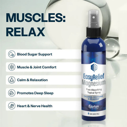 EasyRelief Magnesium spray by Barton Nutrition lifestyle image with headline Muscles Relax, showing bottle alongside key benefits for muscle and joint comfort, blood sugar support, calm and relaxation, and deep sleep