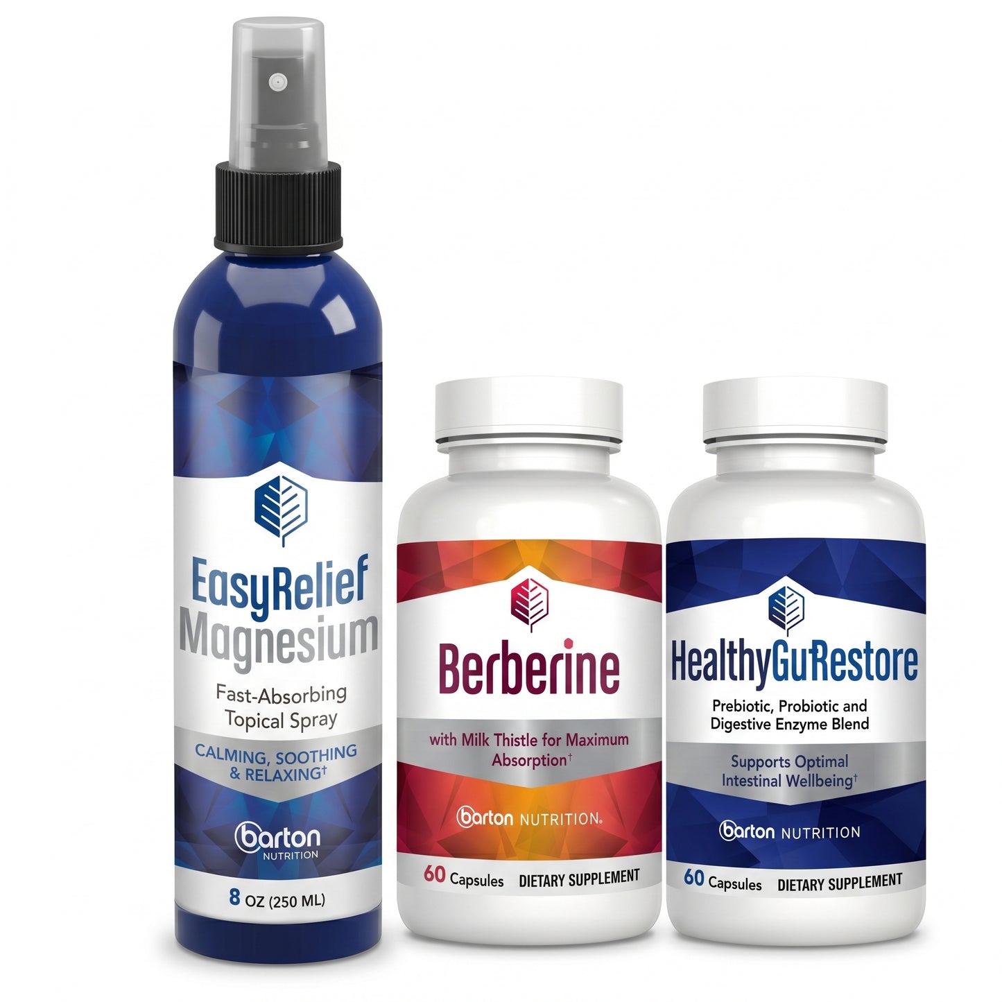 A clean product photograph of three Barton Nutrition supplement bottles on a white background. From left to right: a blue spray bottle labeled 'EasyRelief Magnesium', a white bottle labeled 'Berberine', and a white bottle labeled 'HealthyGut Restore'. All bottles feature the brand logo and specific product details.