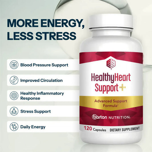 HealthyHeart Support+ supplement by Barton Nutrition lifestyle image with headline More Energy Less Stress, showing bottle alongside key benefits for healthy blood pressure, circulation, and cardiovascular support