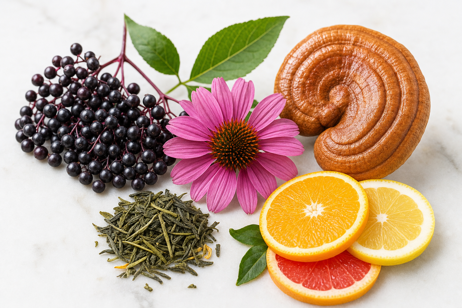 Botanical ingredients in ImmuneSupport including elderberry, echinacea, reishi mushroom, citrus and green tea