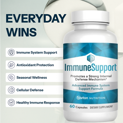 ImmuneSupport by Barton Nutrition benefits graphic headed Everyday Wins, listing immune system support, antioxidant protection, seasonal wellness, cellular defense and healthy immune response beside the 60-capsule bottle